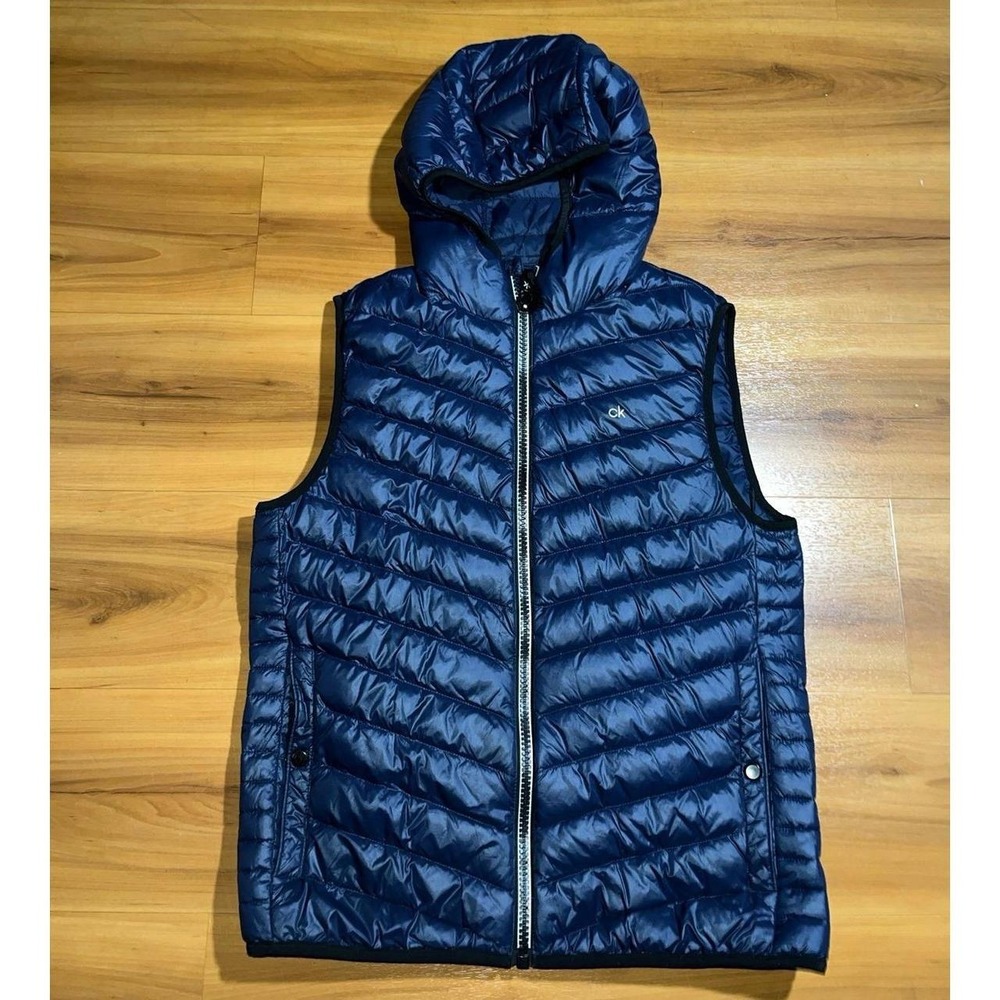 Womens Calvin Klein Premium Down Hooded Packable Puffer Sleeveless Jacket Vest